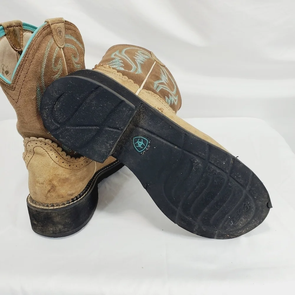Ariat Women’s Fatbaby Heritage Cowboy Western PullOn Boots Brown/Teal Tan 10b - Picture 8 of 12
